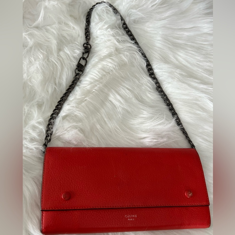 Céline Red Grained Leather Envelope Wallet – Convertible Crossbody Option❤️